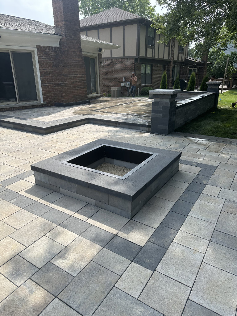 Greener Grounds Landscape brick patio, firepit, columns, and walls.