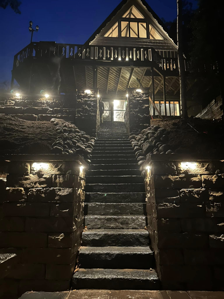 Greener Grounds Landscape brick and stone steps, columns, walls, and lighting.